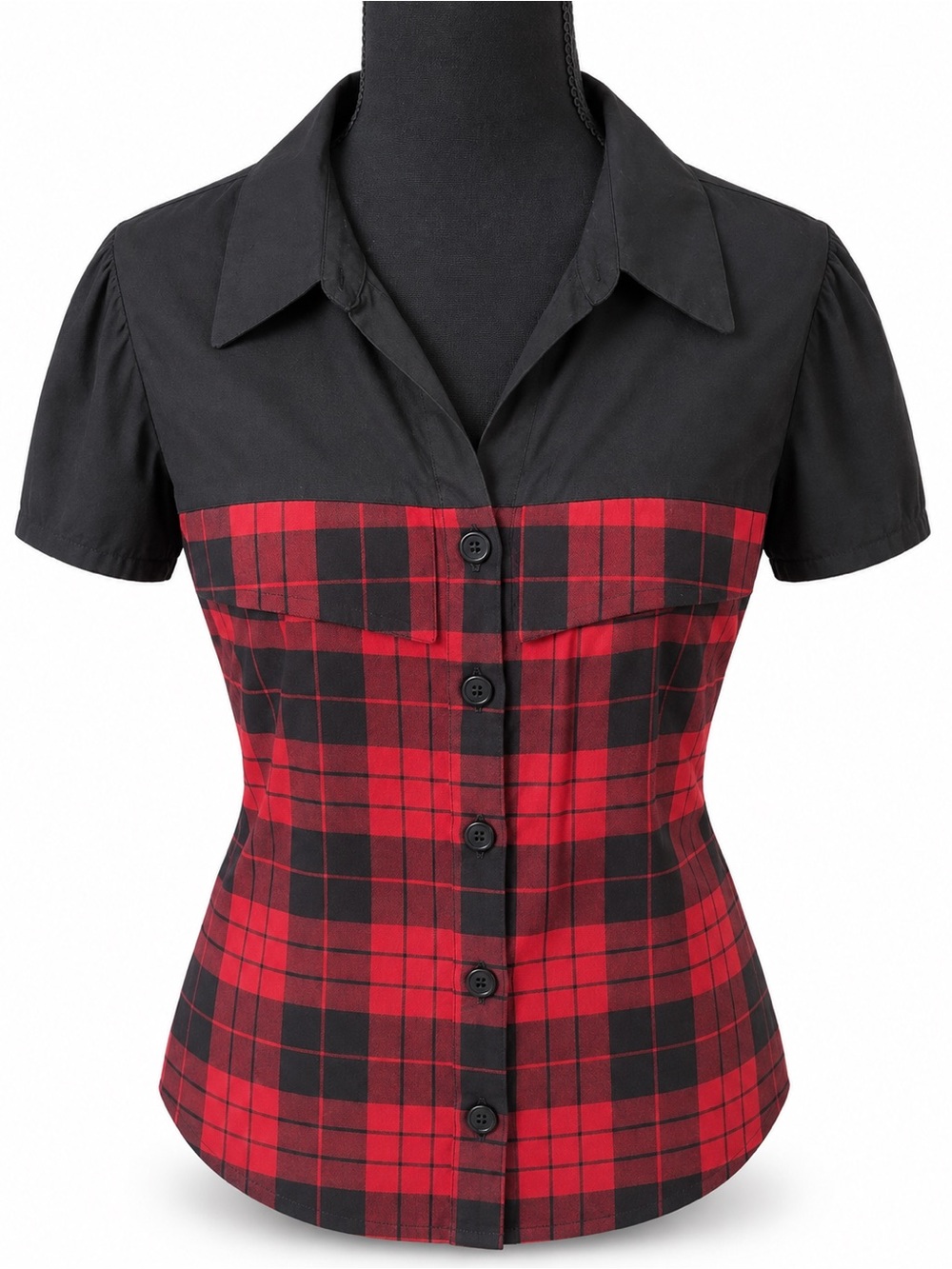 Torrid Size 2 Black Red Plaid Colorblock Button Front Top